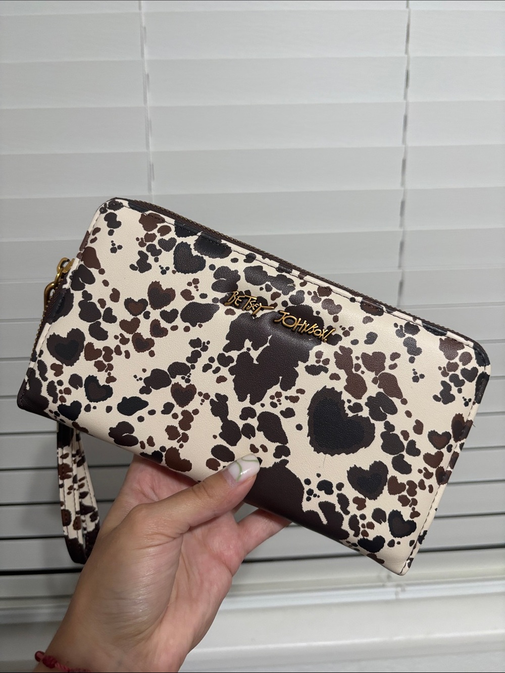 Betsey Johnson Cream and Brown Heart Print Wristlet